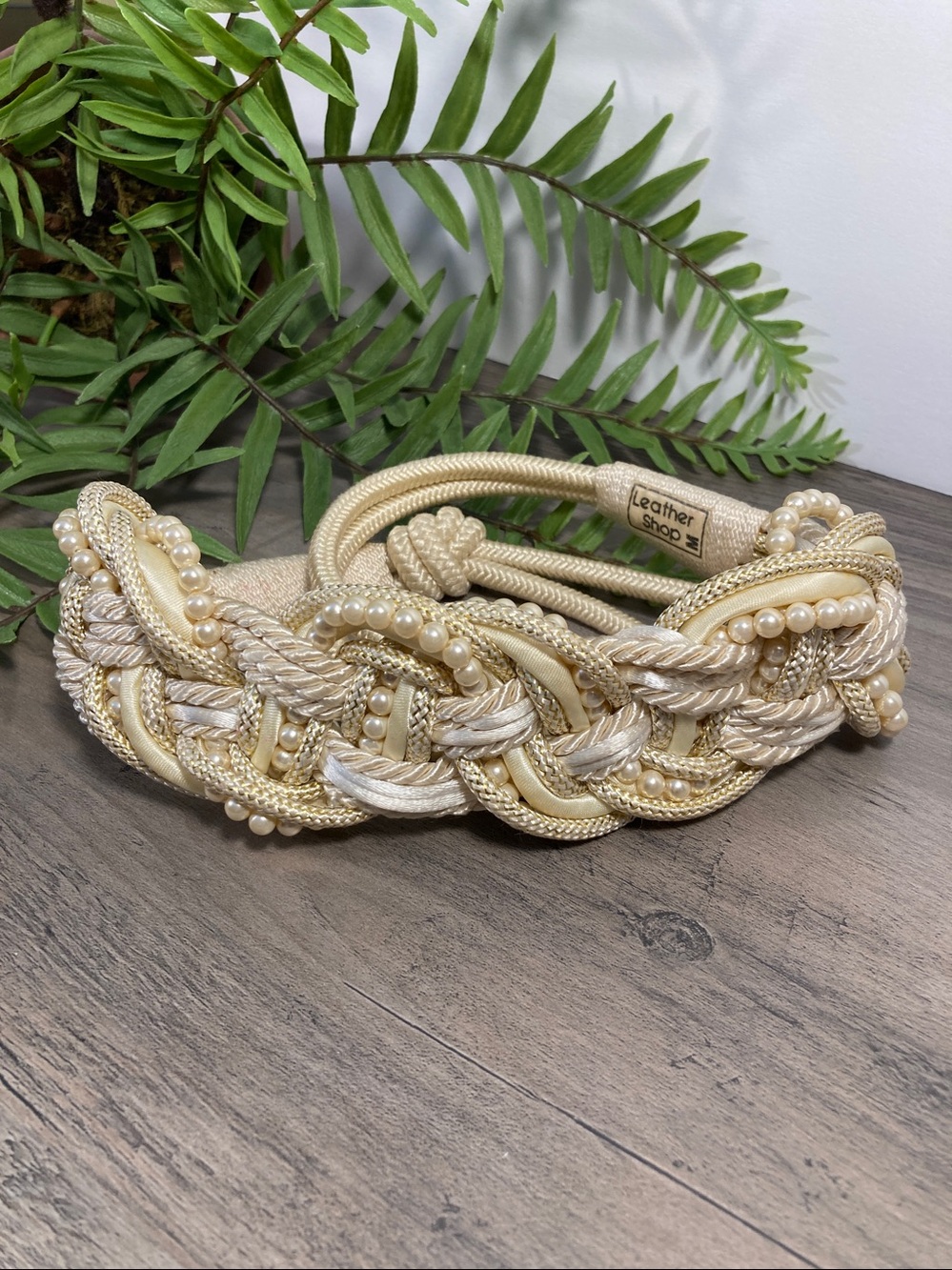 Vintage Braided Stretch Belt Faux Pearl Accents 80s Bridal Princess Glam